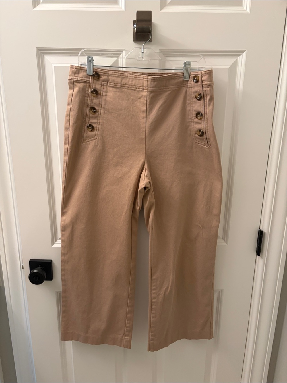 Ann Taylor Beige Wide Leg cropped Pants with Side Buttons and side Zipper